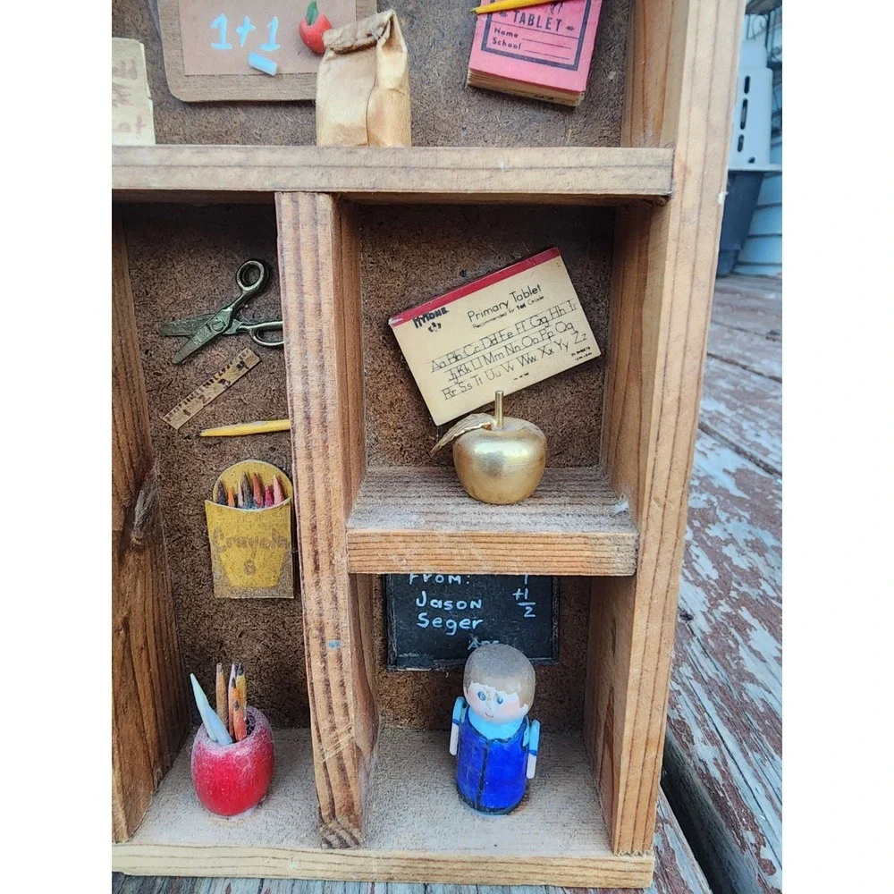 Vintage Small Wood Shadow Box Trinket Shelf & Themed Trinkets, Wall Mounted MCM